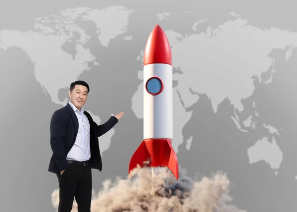 Global Business Startup Happy Man Pointing Launching Rocket World Map — Stock Photo, Image