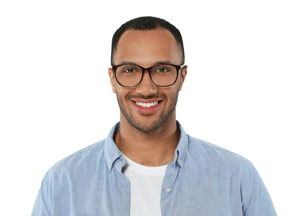 Portrét Pohledného Muže Brýlemi Izolovanými Bílém — Stock fotografie
