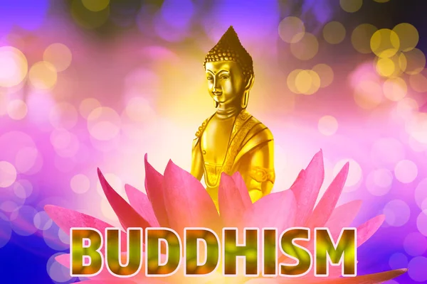 Буддизм Фигура Золотого Будды Цветке Лотоса Ярком Фоне — стоковое фото