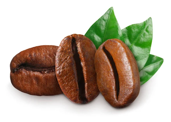 Frisch Geröstete Kaffeebohnen Und Blätter Auf Weißem Hintergrund — Stockfoto