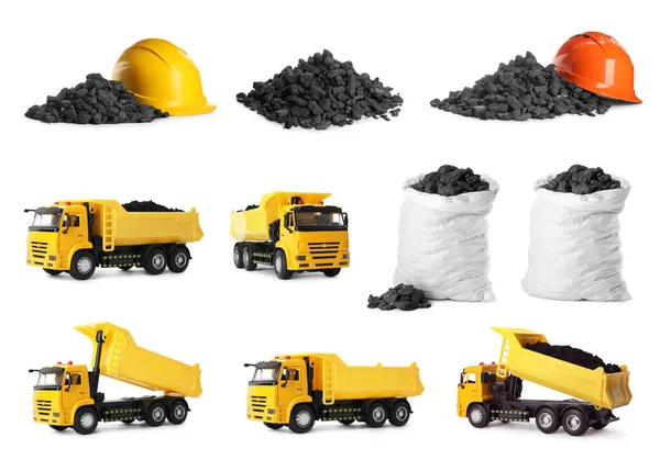 Collage Met Kolen Speelgoed Vrachtwagens Tassen Harde Hoeden Witte Achtergrond — Stockfoto