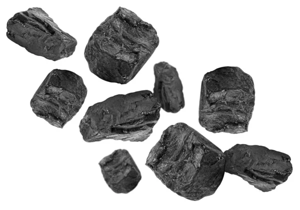 Diferentes Pedaços Carvão Caindo Fundo Branco Design Colagem — Fotografia de Stock