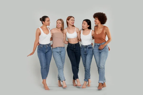 Group Beautiful Young Women Light Grey Background — Stock Photo, Image