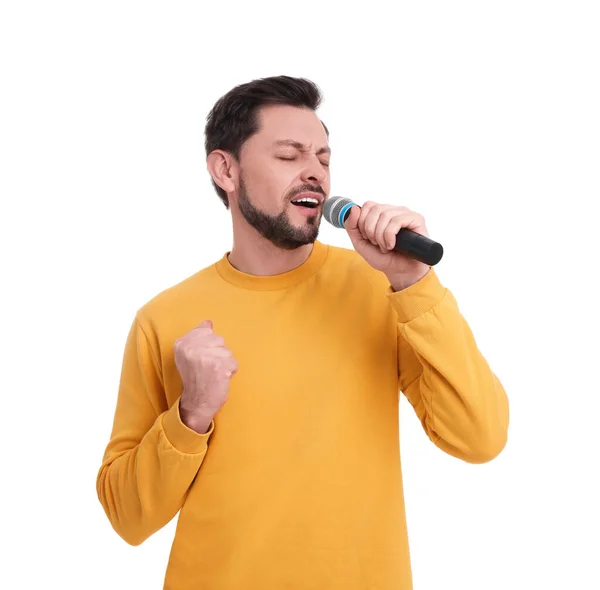 Bel Homme Avec Microphone Chantant Sur Fond Blanc — Photo