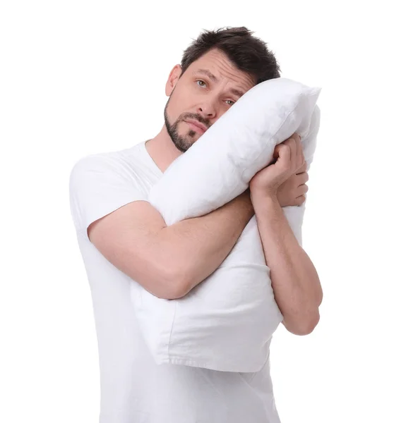 白い背景に枕を持つ疲れた男 不眠症の問題 — ストック写真