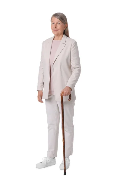 Mujer Mayor Con Bastón Sobre Fondo Blanco — Foto de Stock