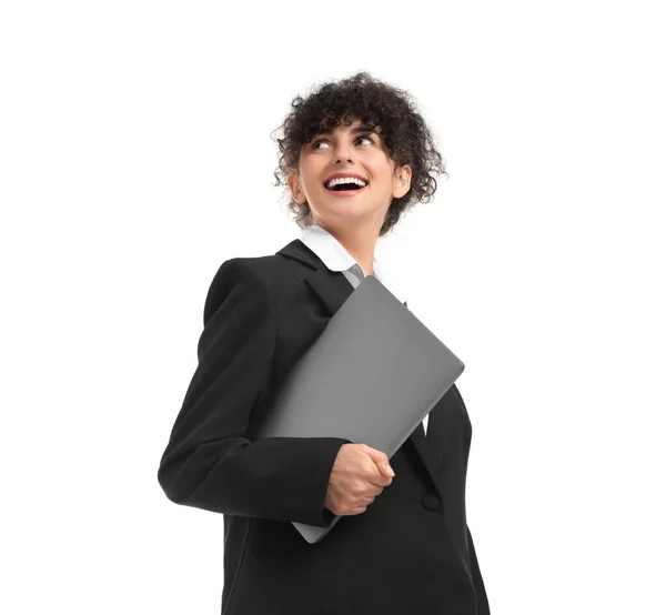 Schöne Glückliche Geschäftsfrau Mit Laptop Auf Weißem Hintergrund Blick Den — Stockfoto