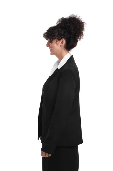 Krásná Podnikatelka Obleku Pózovat Bílém Pozadí — Stock fotografie