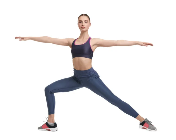 Mujer Joven Practicando Yoga Sobre Fondo Blanco —  Fotos de Stock