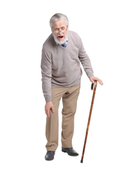 老年人 有手杖 膝部疼痛 背白皙 — 图库照片