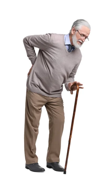 Müder Senior Mit Gehstock Auf Weißem Hintergrund — Stockfoto