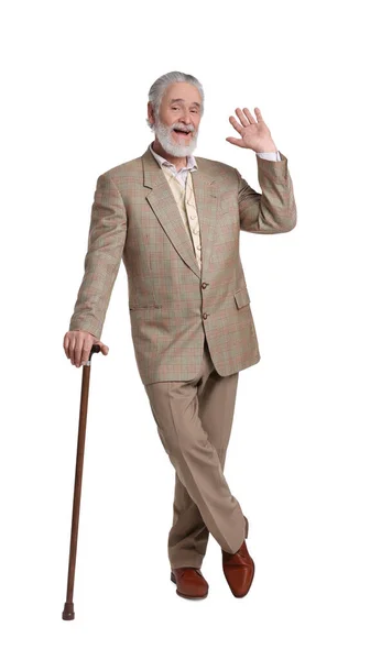 Homme Âgé Avec Canne Pied Agitant Sur Fond Blanc — Photo