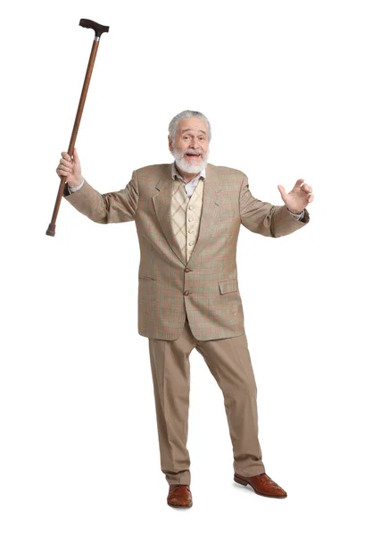 Веселый Пожилой Человек Тростью Белом Фоне — стоковое фото