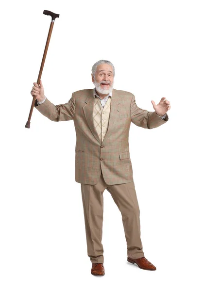 Homme Âgé Joyeux Avec Canne Pied Sur Fond Blanc — Photo