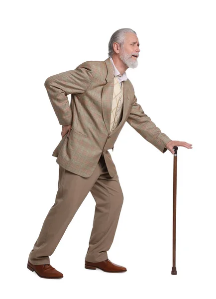有手杖的老年人背痛 背白皙的 — 图库照片