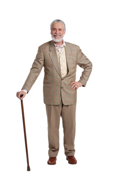 Senior Man Met Wandelstok Witte Achtergrond — Stockfoto