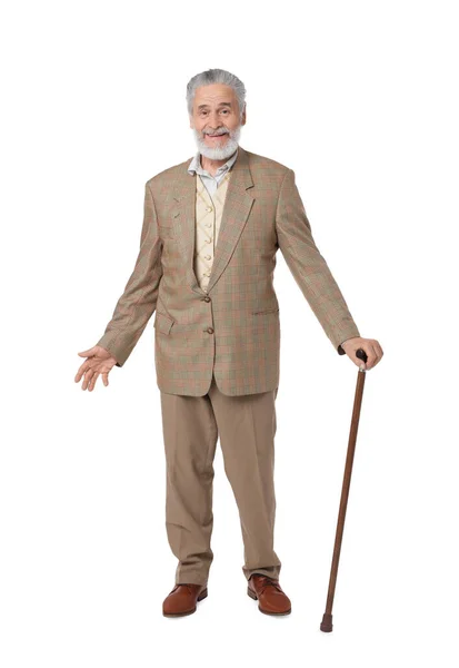 Старший Мужчина Тростью Белом Фоне — стоковое фото