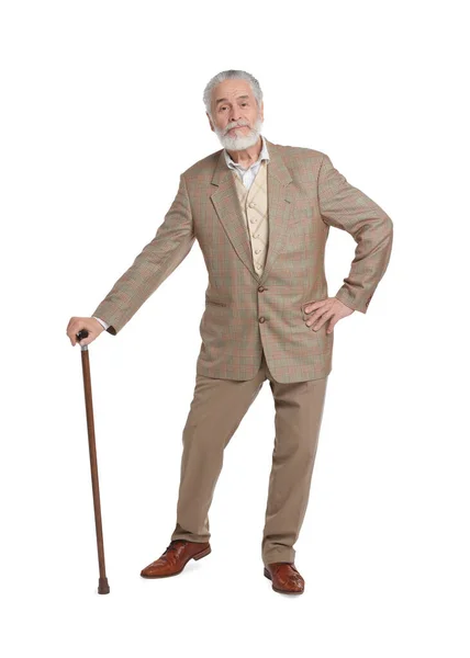 头戴白色背景手杖的老年人 — 图库照片