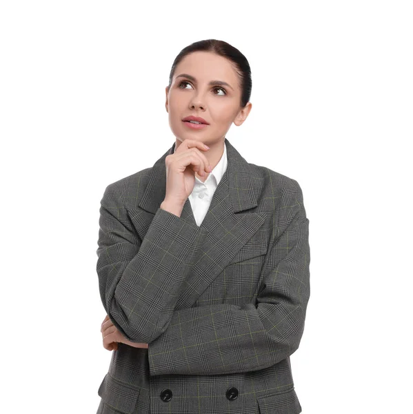 stock image Beautiful young businesswoman in suit on white background