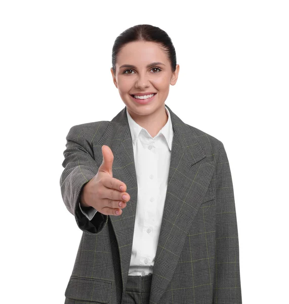 白い背景の上にスーツを着た美しい幸せなビジネス女性 — ストック写真