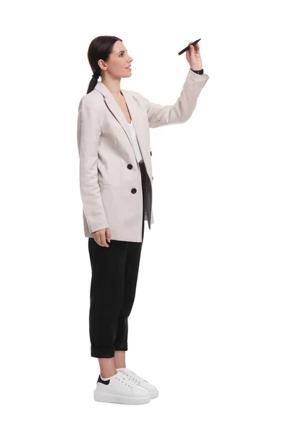 Belle Femme Affaires Costume Avec Marqueur Sur Fond Blanc — Photo