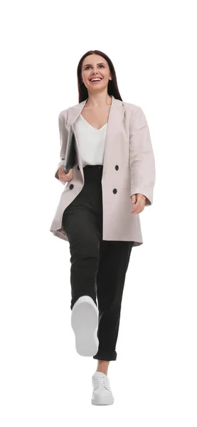 Schöne Geschäftsfrau Anzug Mit Laptop Fuß Auf Weißem Hintergrund — Stockfoto