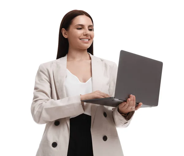 Vacker Affärskvinna Kostym Med Bärbar Dator Vit Bakgrund Låg Vinkel — Stockfoto