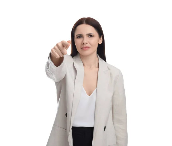 Schöne Geschäftsfrau Anzug Zeigt Auf Etwas Auf Weißem Hintergrund — Stockfoto