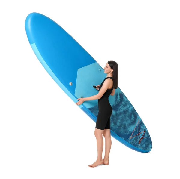 幸せな女性とともに青Supボード上の白い背景 — ストック写真