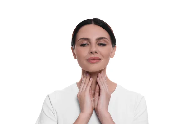 Endocrine System Young Woman Doing Thyroid Self Examination White Background — Zdjęcie stockowe
