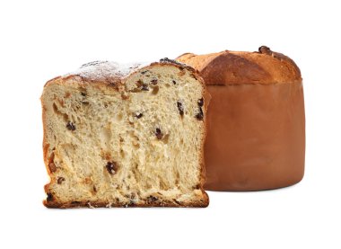 Beyaz arka planda leziz Panettone kekleri. Geleneksel İtalyan pastası