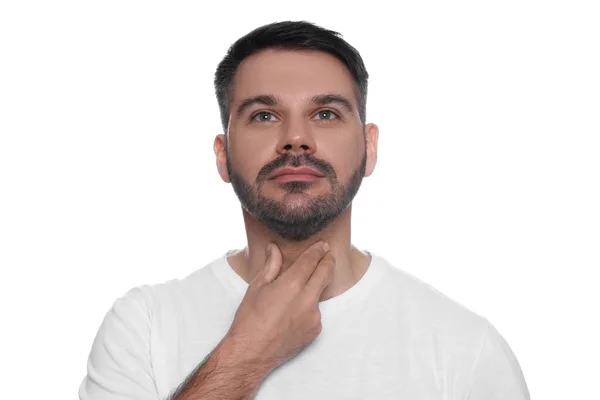 Endocrine System Man Doing Thyroid Self Examination White Background — Stock Photo, Image