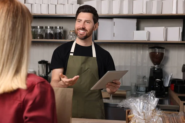 stock image Woman buying fresh pastries in bakery shop, closeup