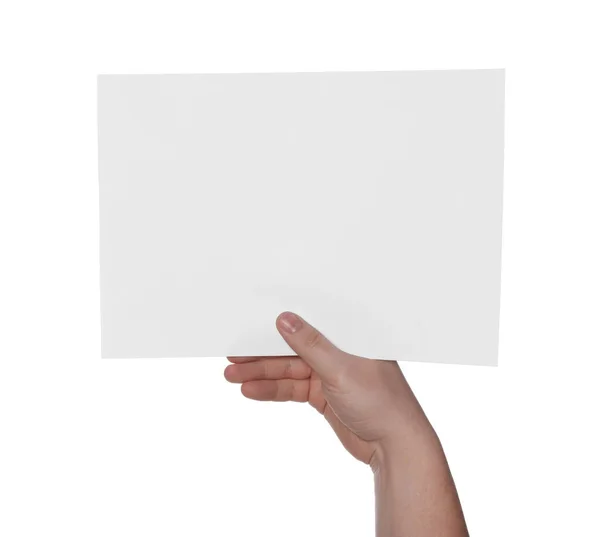 女人拿着白底纸片 用于设计的模型 — 图库照片