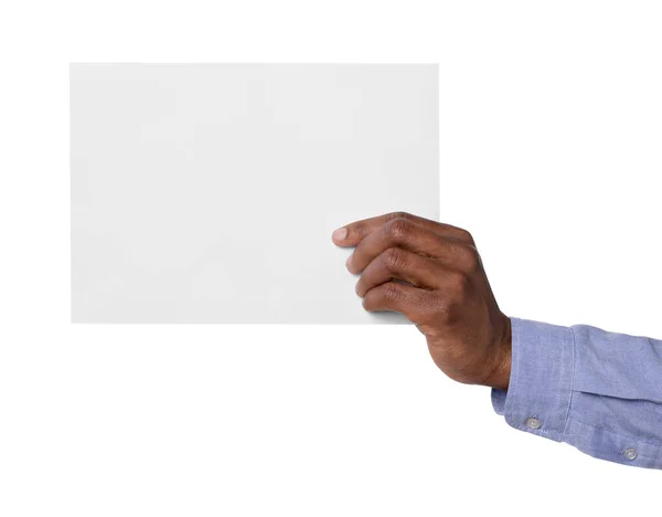 Uomo Afroamericano Con Foglio Carta Sfondo Bianco Primo Piano Mockup — Foto Stock