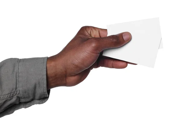 Afroamerikaner Mit Papierkarten Auf Weißem Hintergrund Nahaufnahme Mockup Für Design — Stockfoto