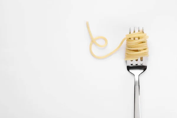 Fork Tasty Pasta White Background Top View Space Text — Stock Photo, Image