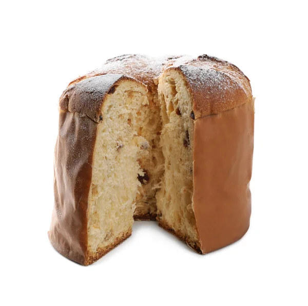 Heerlijke Panettone Cake Met Poedersuiker Witte Achtergrond Traditioneel Italiaans Gebak — Stockfoto
