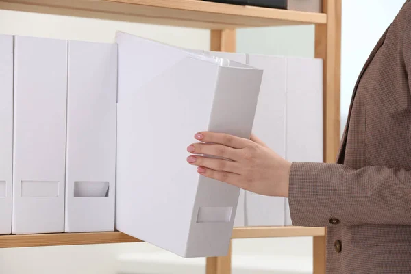 Woman Taking Folder Documents Shelf Office Closeup — Stok fotoğraf