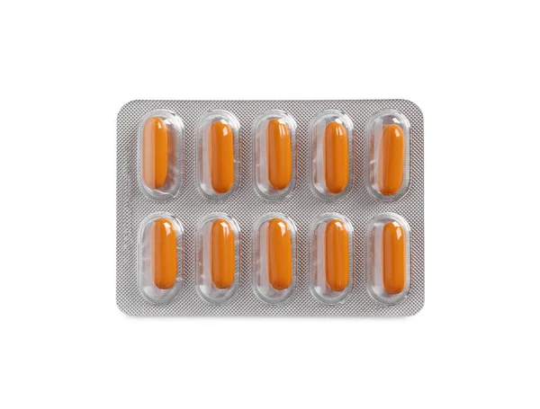 Blister Van Pillen Witte Achtergrond Bovenaanzicht — Stockfoto