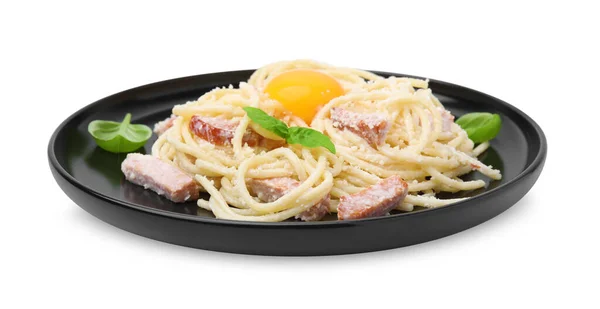 Plate Tasty Pasta Carbonara Basil Leaves Egg Yolk Isolated White — Stock Photo, Image