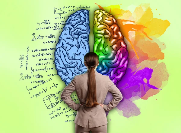 stock image Logic and creativity. Woman and illustration of brain hemispheres. Different formulas and bright paint stains on background