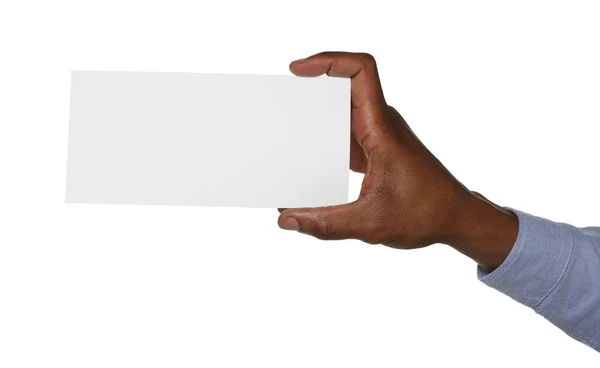 African American Man Holding Flyer White Background Closeup Mockup Design — Stock Photo, Image