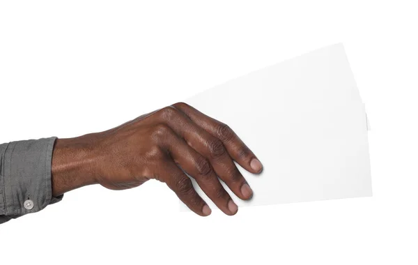 Афроамериканец Держит Флаеры Белом Фоне Крупным Планом Макет Дизайна — стоковое фото