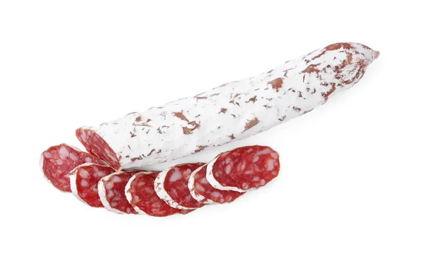 Deliziosa Salsiccia Fuet Tagliata Isolata Bianco Vista Dall Alto — Foto Stock