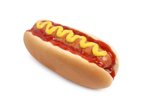 Hot Dog Delicios Muștar Ketchup Fundal Alb — Fotografie, imagine de stoc