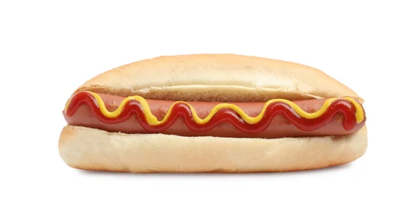 Köstlicher Hot Dog Mit Senf Und Ketchup Auf Weißem Hintergrund — Stockfoto