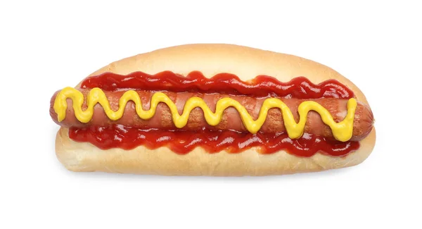 Heerlijke Hotdog Met Mosterd Ketchup Witte Achtergrond Bovenaanzicht — Stockfoto