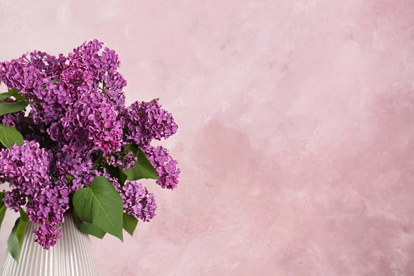 Красиві Бузкові Квіти Вазі Світлому Фоні Простір Тексту — стокове фото