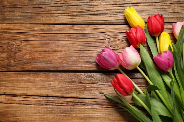 Beautiful Colorful Tulip Flowers Wooden Table Flat Lay Space Text — Stock Photo, Image